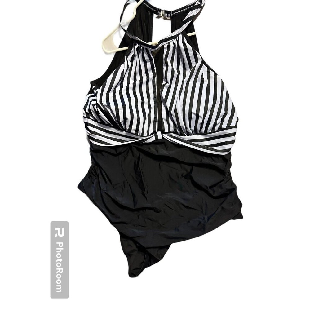 NWT SZ 22W Tempt Me Women One Piece Swimsuit STRIPE Plunge Mesh Ruched